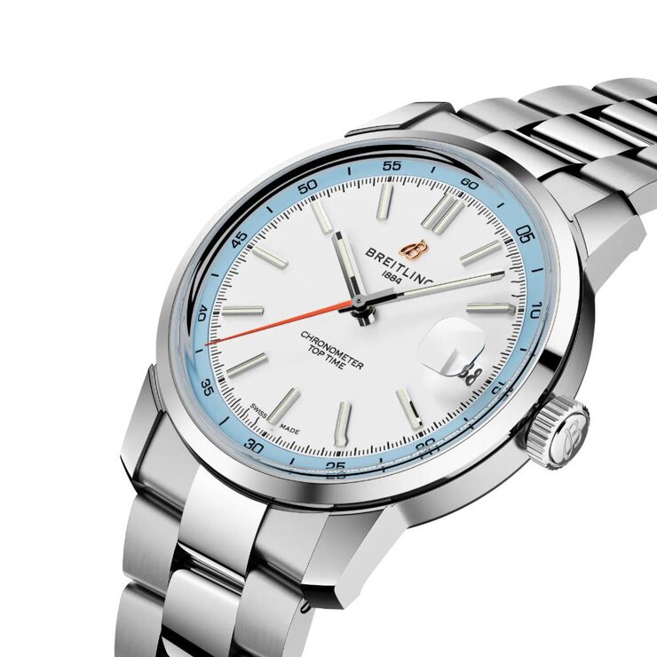 Breitling horloge met een kast in staal, met een wijzerplaat in het wit en een diameter van 38