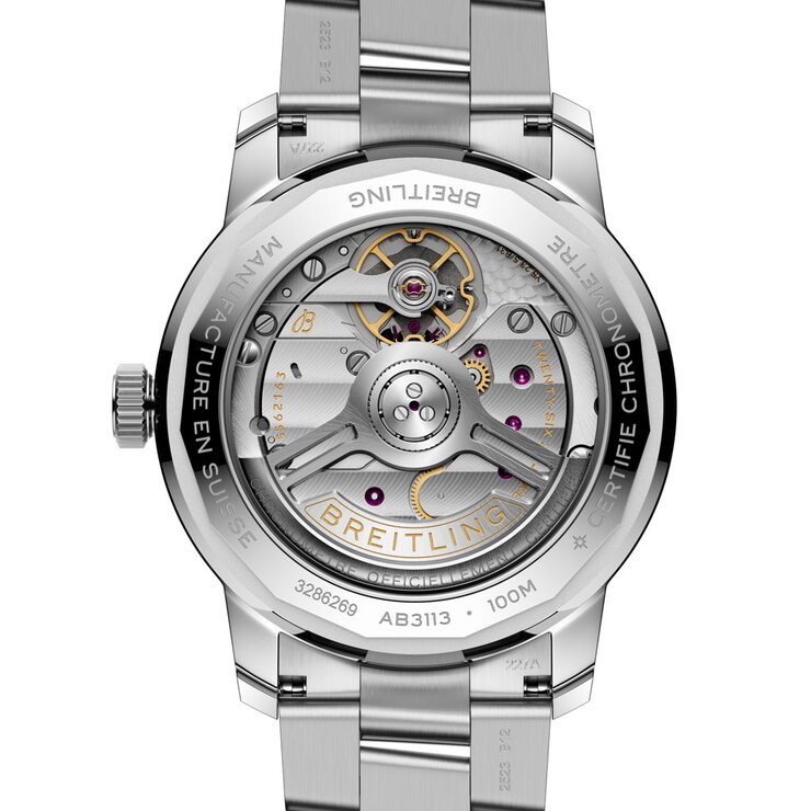 Breitling horloge met een kast in staal, met een wijzerplaat in het wit en een diameter van 38