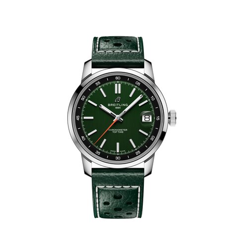 Breitling horloge met een kast in staal, met een wijzerplaat in het groen en een diameter van 38 mm