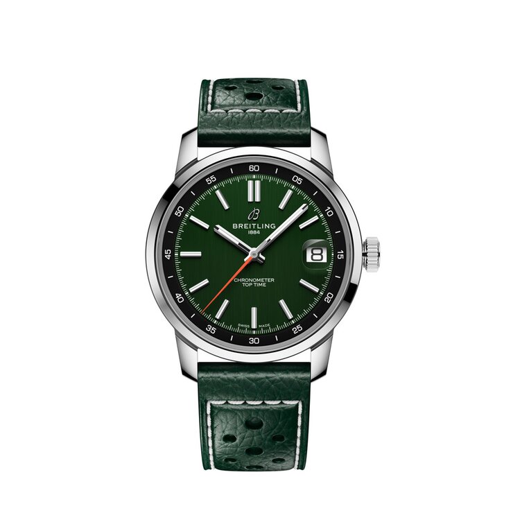 Breitling horloge met een kast in staal, met een wijzerplaat in het groen en een diameter van 38 mm