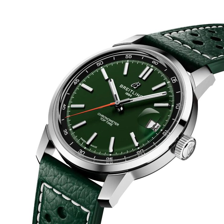 Breitling horloge met een kast in staal, met een wijzerplaat in het groen en een diameter van 38 mm