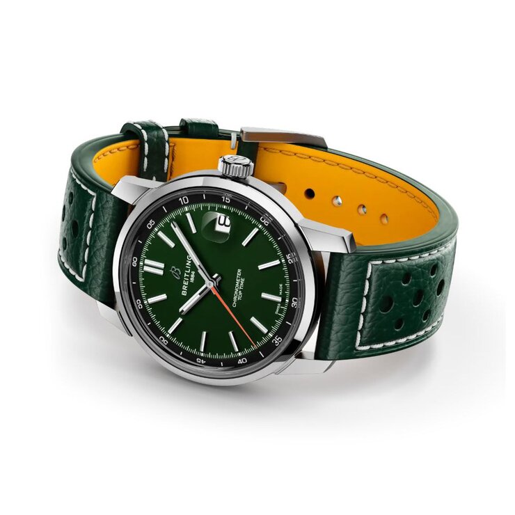 Breitling horloge met een kast in staal, met een wijzerplaat in het groen en een diameter van 38 mm