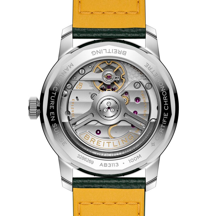 Breitling horloge met een kast in staal, met een wijzerplaat in het groen en een diameter van 38 mm