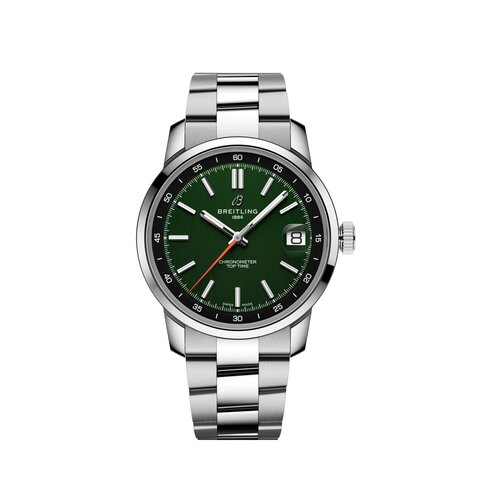 Breitling horloge met een kast in staal, met een wijzerplaat in het groen en een diameter van 38 mm