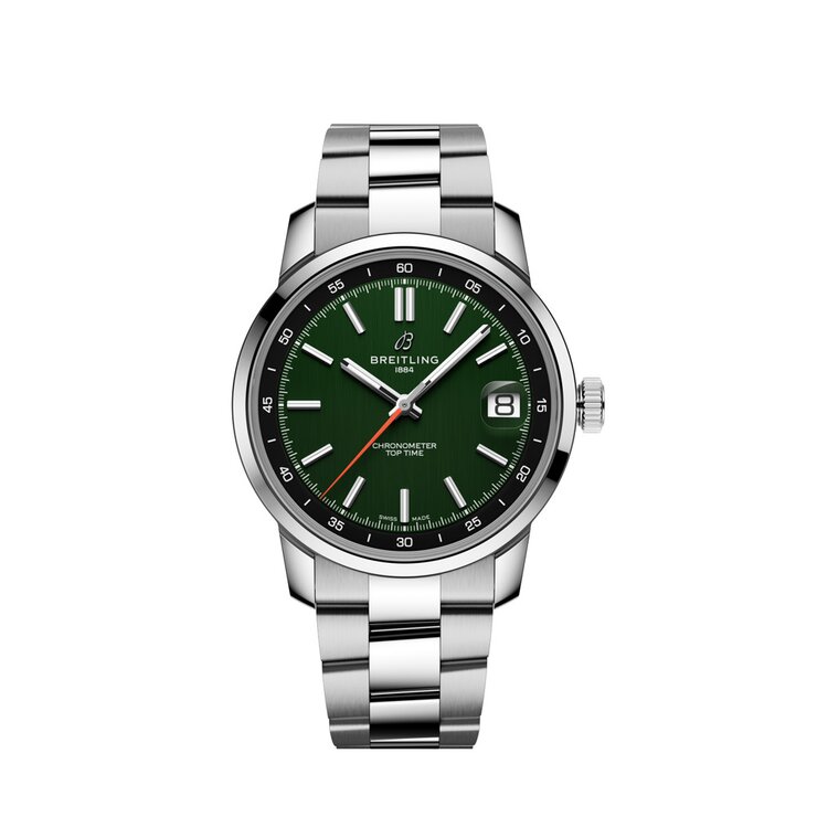 Breitling horloge met een kast in staal, met een wijzerplaat in het groen en een diameter van 38 mm