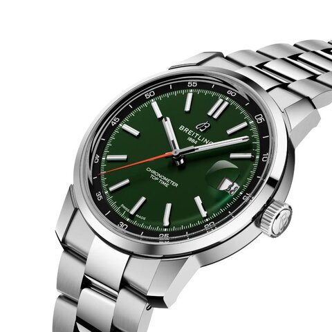 Breitling horloge met een kast in staal, met een wijzerplaat in het groen en een diameter van 38 mm