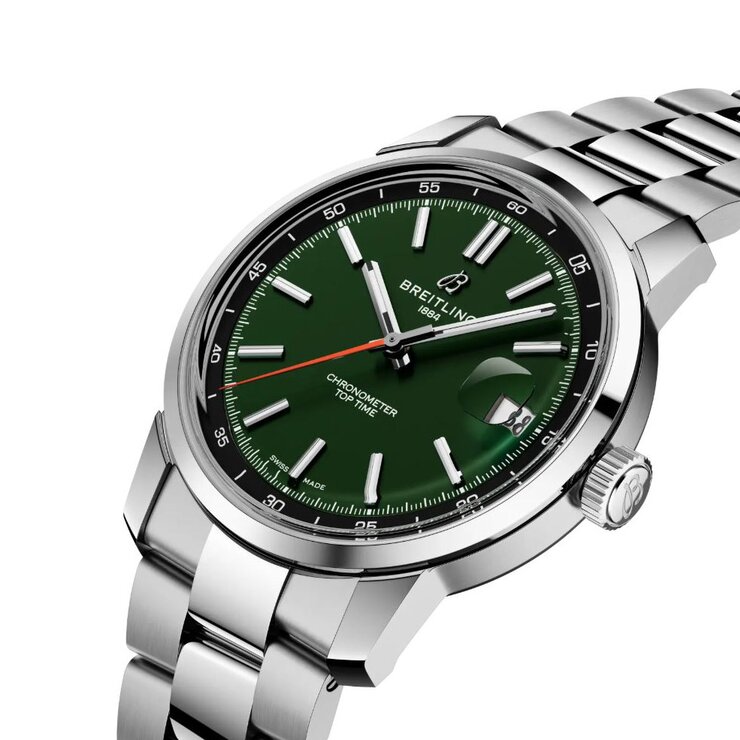 Breitling horloge met een kast in staal, met een wijzerplaat in het groen en een diameter van 38 mm