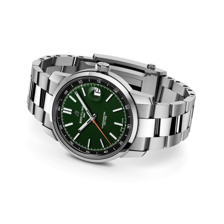 Breitling horloge met een kast in staal, met een wijzerplaat in het groen en een diameter van 38 mm