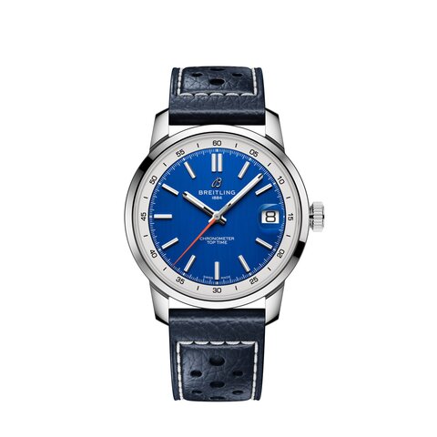 Breitling horloge met een kast in staal, met een wijzerplaat in het blauw en een diameter van 38 mm