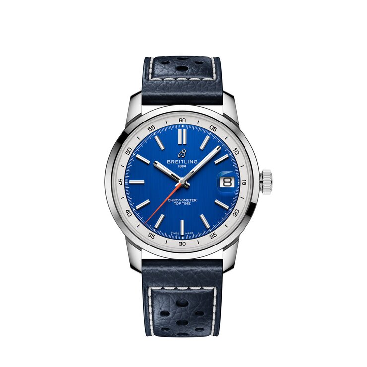 Breitling horloge met een kast in staal, met een wijzerplaat in het blauw en een diameter van 38 mm