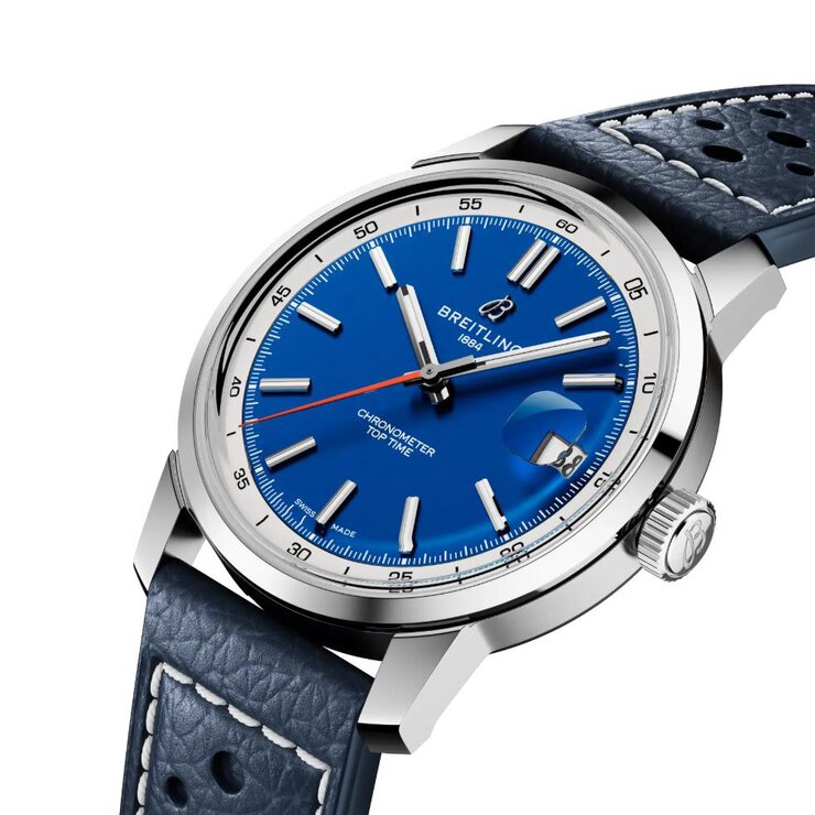 Breitling horloge met een kast in staal, met een wijzerplaat in het blauw en een diameter van 38 mm