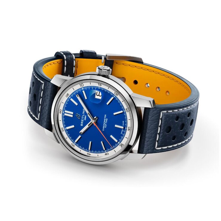 Breitling horloge met een kast in staal, met een wijzerplaat in het blauw en een diameter van 38 mm