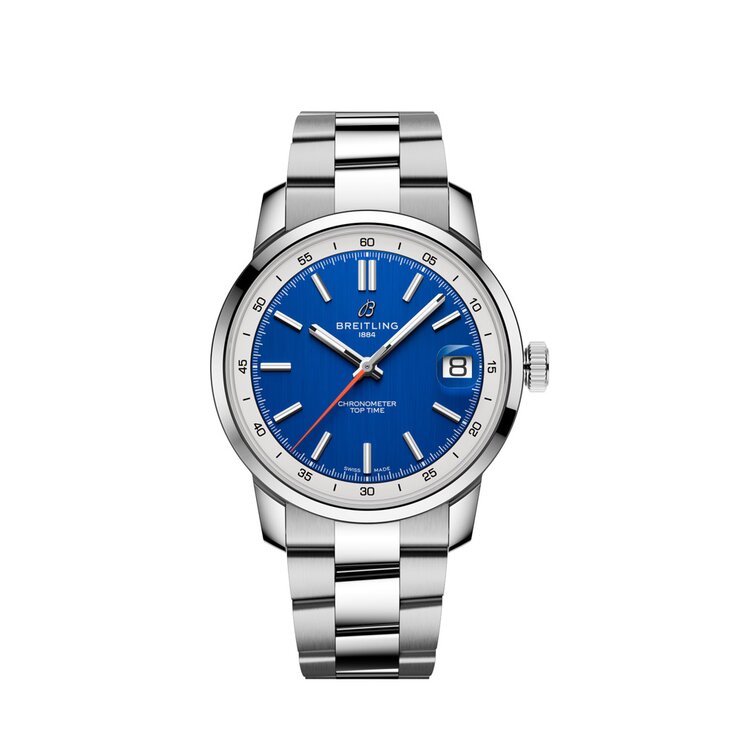 Breitling horloge met een kast in staal, met een wijzerplaat in het blauw en een diameter van 38 mm