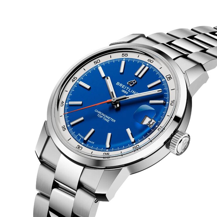 Breitling horloge met een kast in staal, met een wijzerplaat in het blauw en een diameter van 38