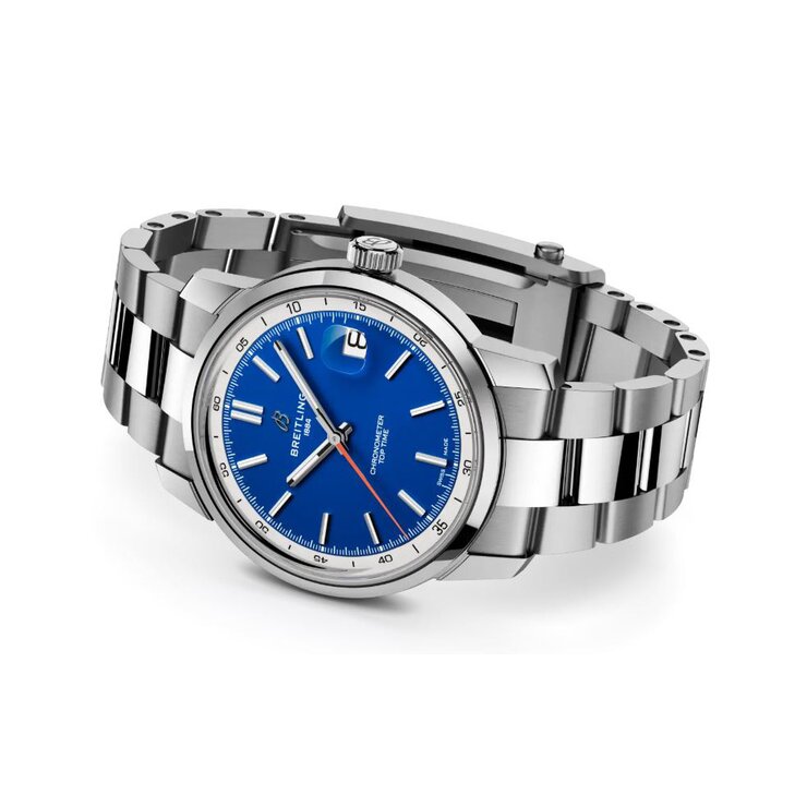 Breitling horloge met een kast in staal, met een wijzerplaat in het blauw en een diameter van 38