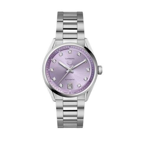 TAG Heuer horloge met een kast in staal, met een wijzerplaat in het paars met briljant en een diameter van 36 mm