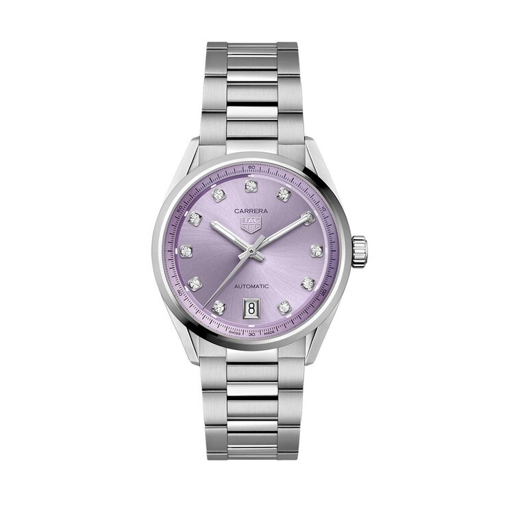 TAG Heuer horloge met een kast in staal, met een wijzerplaat in het paars met briljant en een diameter van 36 mm