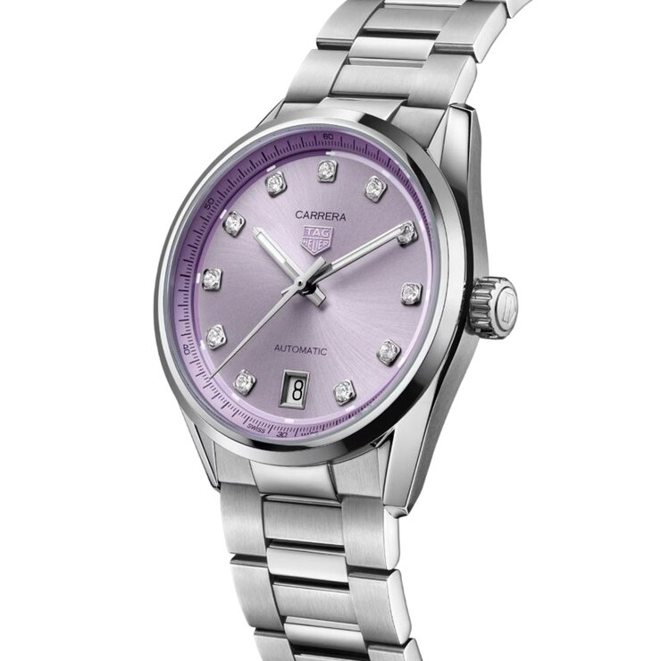 TAG Heuer horloge met een kast in staal, met een wijzerplaat in het paars met briljant en een diameter van 36 mm