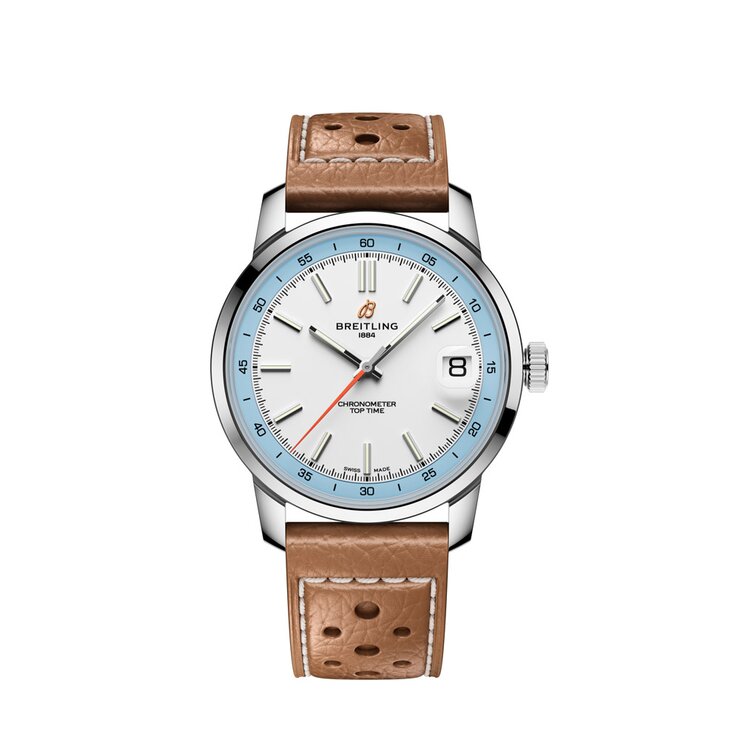 Breitling horloge met een kast in staal, met een wijzerplaat in het wit en een diameter van 38 mm