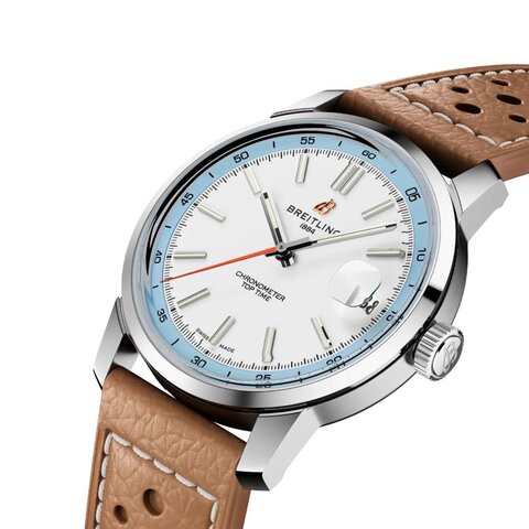 Breitling horloge met een kast in staal, met een wijzerplaat in het wit en een diameter van 38 mm