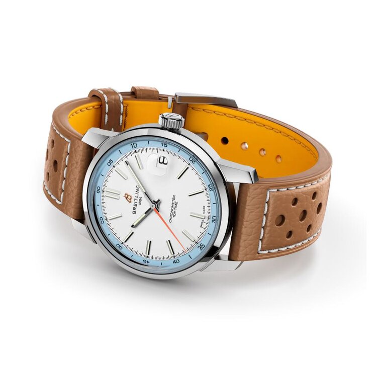 Breitling horloge met een kast in staal, met een wijzerplaat in het wit en een diameter van 38 mm