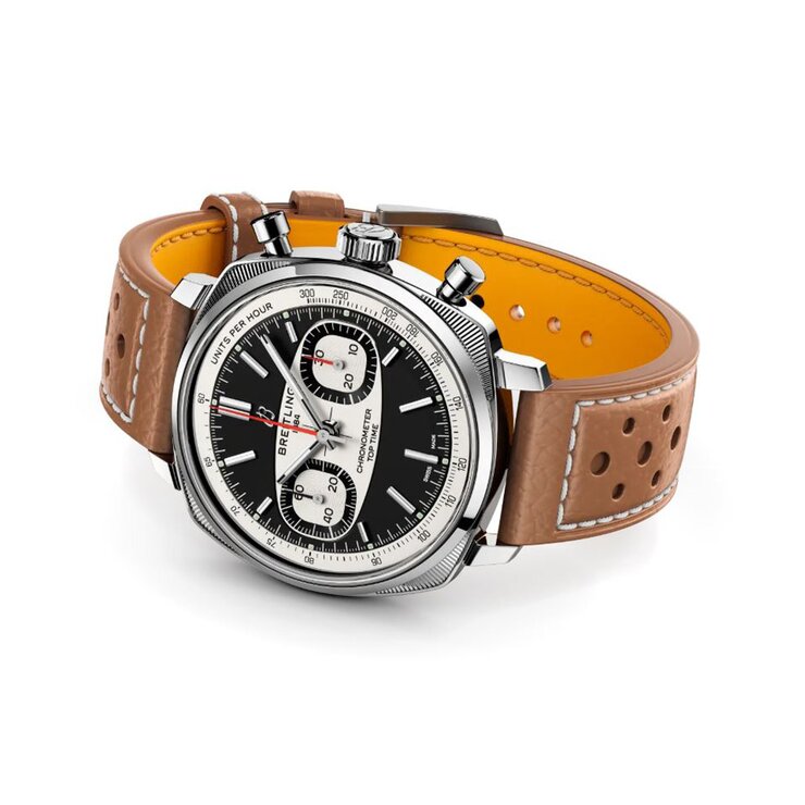 Breitling horloge met een kast in staal, met een wijzerplaat in het zwart en een diameter van 38 mm