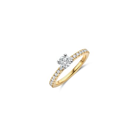 The Exclusive Collection verlovingsring in geel goud 18kt met briljant (ronde diamant) van 0,40 karaat als hoofdsteen omringd door briljanten van 0,22 karaat