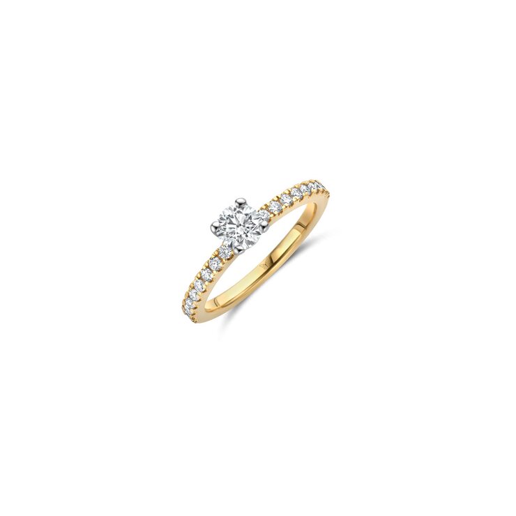 The Exclusive Collection verlovingsring in geel goud 18kt met briljant (ronde diamant) van 0,40 karaat als hoofdsteen omringd door briljanten van 0,22 karaat