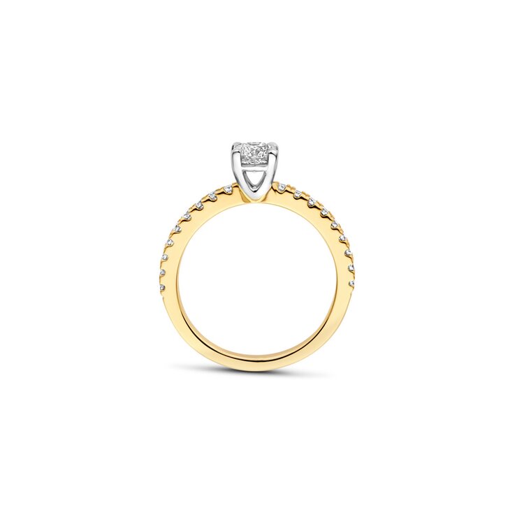 The Exclusive Collection verlovingsring in geel goud 18kt met briljant (ronde diamant) van 0,40 karaat als hoofdsteen omringd door briljanten van 0,22 karaat