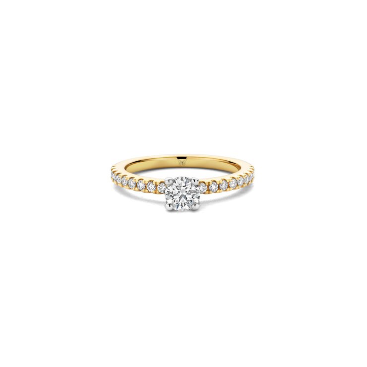 The Exclusive Collection verlovingsring in geel goud 18kt met briljant (ronde diamant) van 0,40 karaat als hoofdsteen omringd door briljanten van 0,22 karaat