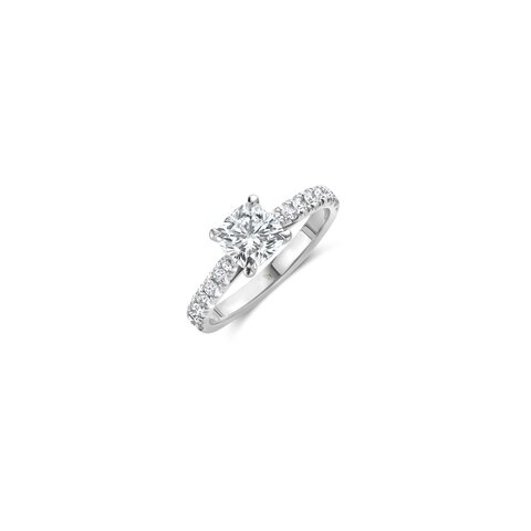The Exclusive Collection verlovingsring in wit goud 18kt met cushion diamant van 1,02 karaat als hoofdsteen omringd door briljanten van 0,40 karaat