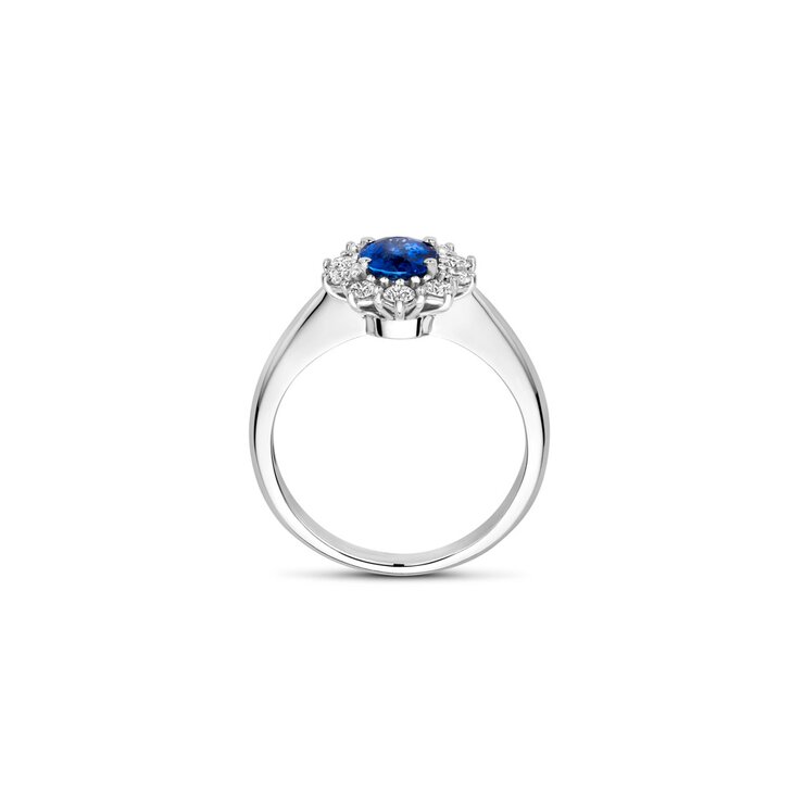 The Exclusive Collection verlovingsring in wit goud 18kt met ovalen saffier als hoofdsteen omringd door briljanten van 0,37 karaat