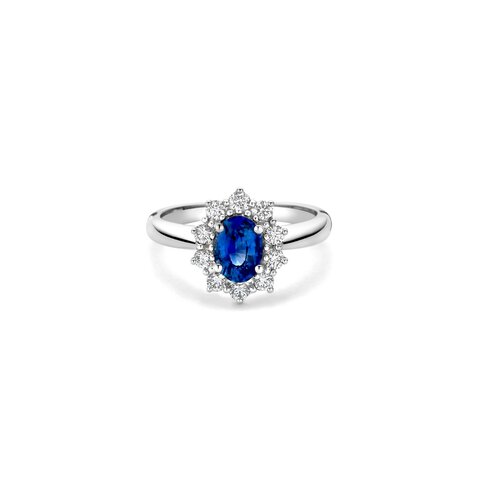 bague de fiançailles The Exclusive Collection en or blanc 18 ct avec saphir ovale comme pierre principale entouré de briljants de 0,37 karaat