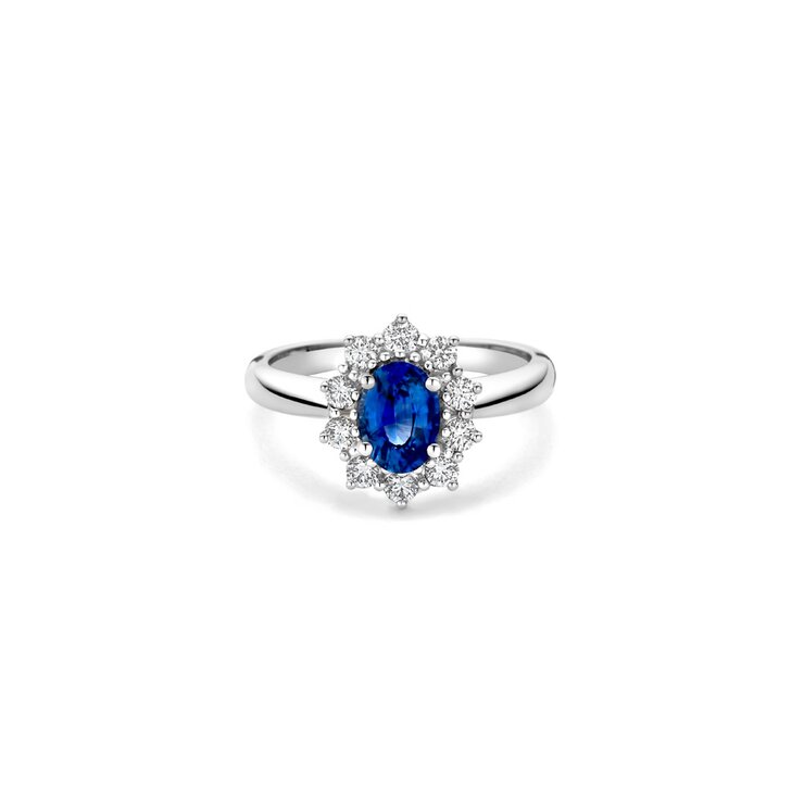 The Exclusive Collection verlovingsring in wit goud 18kt met ovalen saffier als hoofdsteen omringd door briljanten van 0,37 karaat