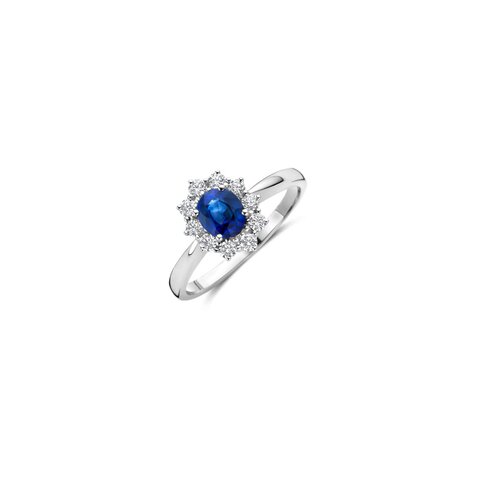 The Exclusive Collection verlovingsring in wit goud 18kt met ovalen saffier als hoofdsteen omringd door briljanten van 0,31 karaat