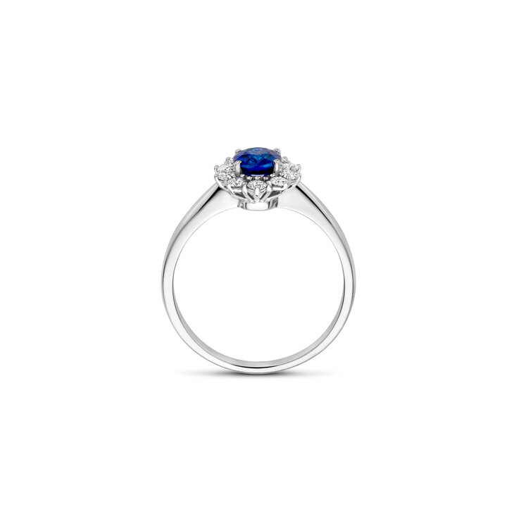 The Exclusive Collection verlovingsring in wit goud 18kt met ovalen saffier als hoofdsteen omringd door briljanten van 0,31 karaat