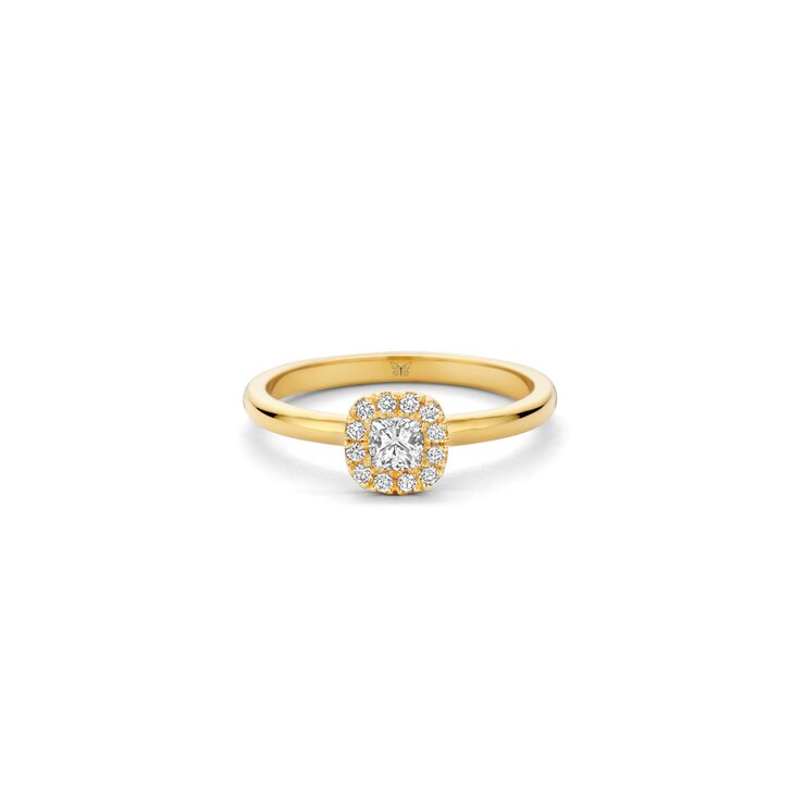 The Exclusive Collection verlovingsring in geel goud 18kt met cushion diamant van 0,23 karaat als hoofdsteen omringd door briljanten van 0,09 karaat