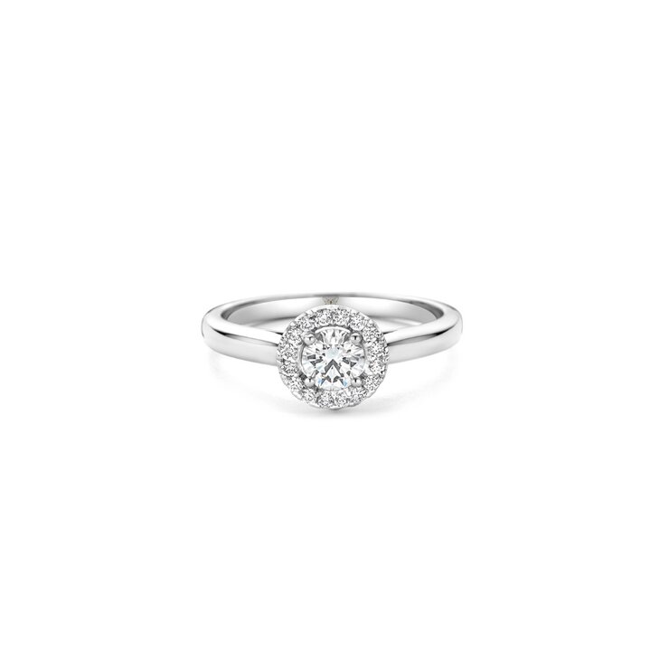 The Exclusive Collection verlovingsring in wit goud 18kt met briljant (ronde diamant) van 0,41 karaat als hoofdsteen omringd door briljanten van 0,15 karaat