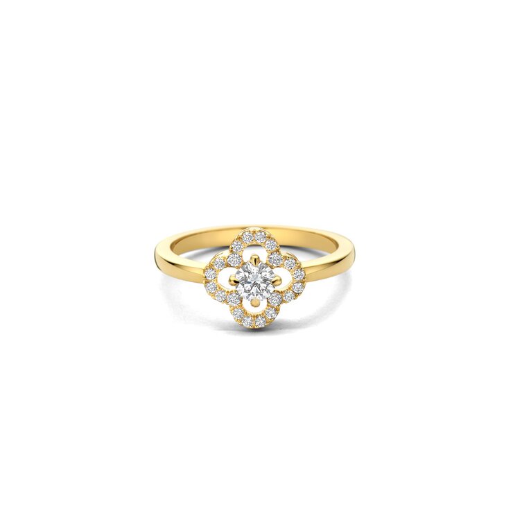 Casteur by Casteur ring in geel goud 18kt met briljant van 0,26 karaat als hoofdsteen omringd door briljanten van 0,15 karaat