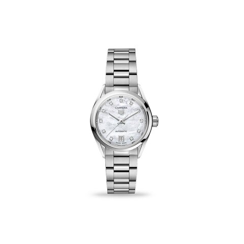 TAG Heuer horloge met een kast in staal, met een wijzerplaat in het parelmoer met  briljant en een diameter van 29 mm