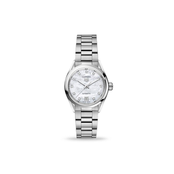 TAG Heuer horloge met een kast in staal, met een wijzerplaat in het parelmoer met  briljant en een diameter van 29