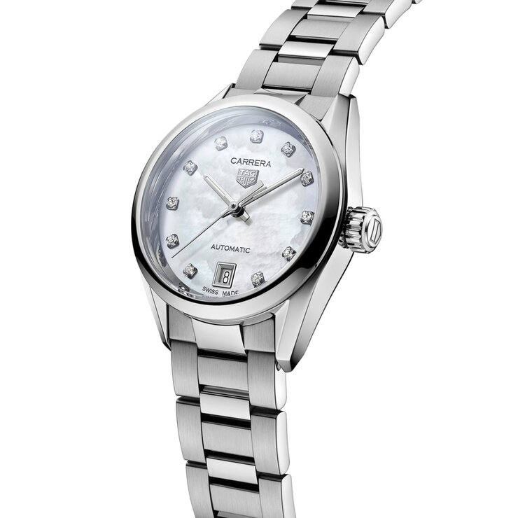 TAG Heuer horloge met een kast in staal, met een wijzerplaat in het parelmoer met  briljant en een diameter van 29