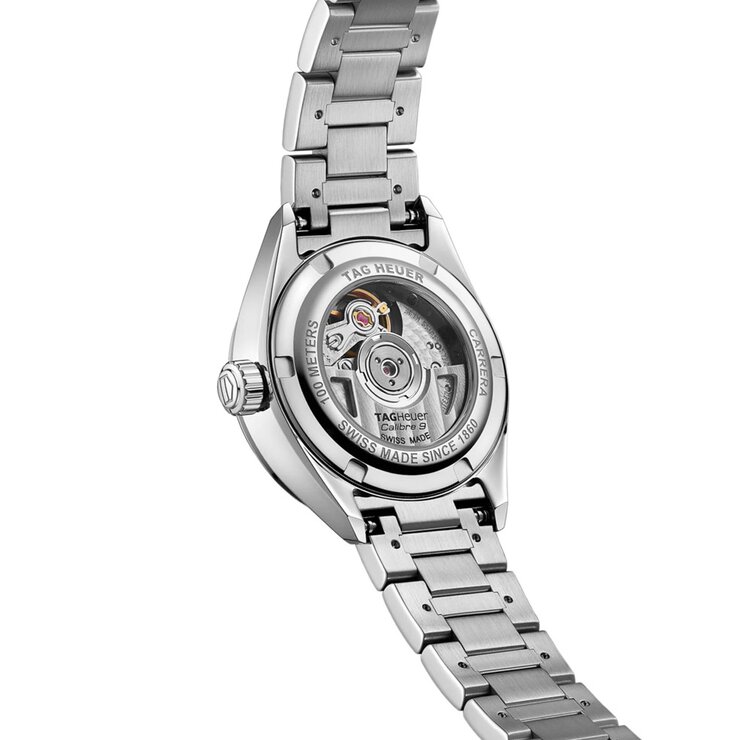 TAG Heuer horloge met een kast in staal, met een wijzerplaat in het parelmoer met  briljant en een diameter van 29