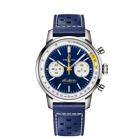 Breitling horloge met een kast in staal, met een wijzerplaat in het blauw en een diameter van 41 mm