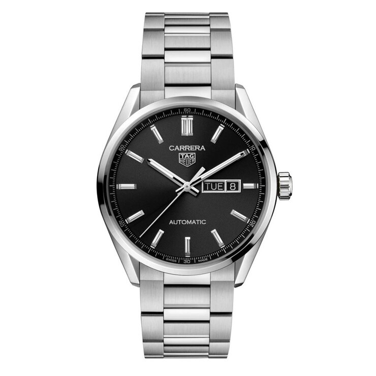 TAG Heuer horloge met een kast in staal, met een wijzerplaat in het zwart en een diameter van 41
