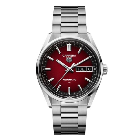 TAG Heuer horloge met een kast in staal, met een wijzerplaat in het rood en een diameter van 41 mm