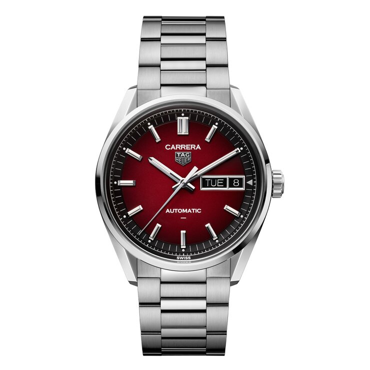 TAG Heuer horloge met een kast in staal, met een wijzerplaat in het rood en een diameter van 41 mm