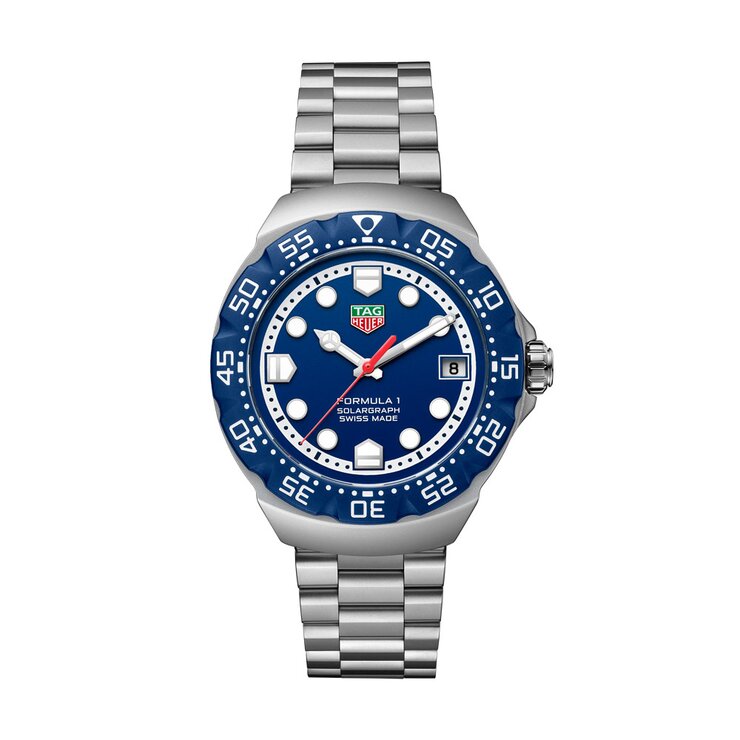 TAG Heuer horloge met een kast in polylight op staal, met een wijzerplaat in het blauw en een diameter van 38 mm
