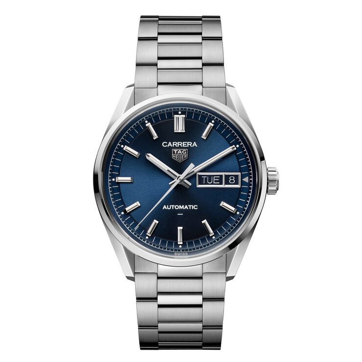TAG Heuer horloge met een kast in staal, met een wijzerplaat in het blauw en een diameter van 41 mm