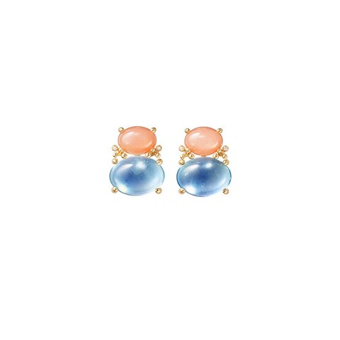 boucles d'oreilles Ole Lynggaard en or jaune 18 ct avec pierre de lune et aigue-marine entouré de briljants de 0,01 karaat